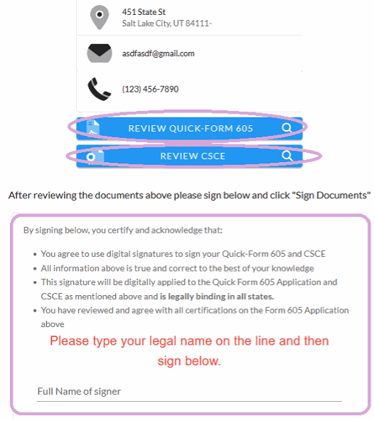 Screenshot of the ExamTools signing page listing the documents that require the candidate’s signature.