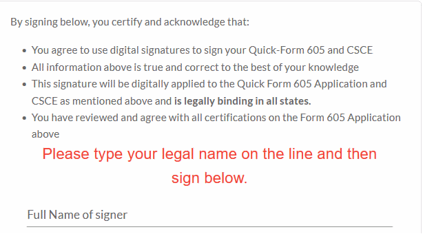 Screenshot of the certification bullet points the candidate agrees to when signing.