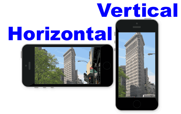 Two phones side by side: one turned on its side labelled Horizontal, one upright labelled Vertical. The exam requires the horizontal orientation.
